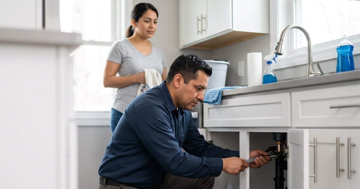 Hombre latino reparando fuga en grifo de cocina en casa en Estados Unidos