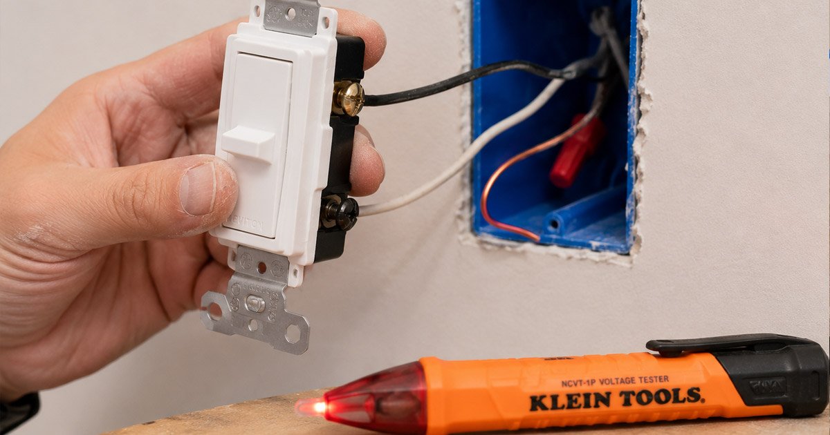 cómo cambiar un interruptor de luz simple paso a paso con detector de voltaje Klein Tools