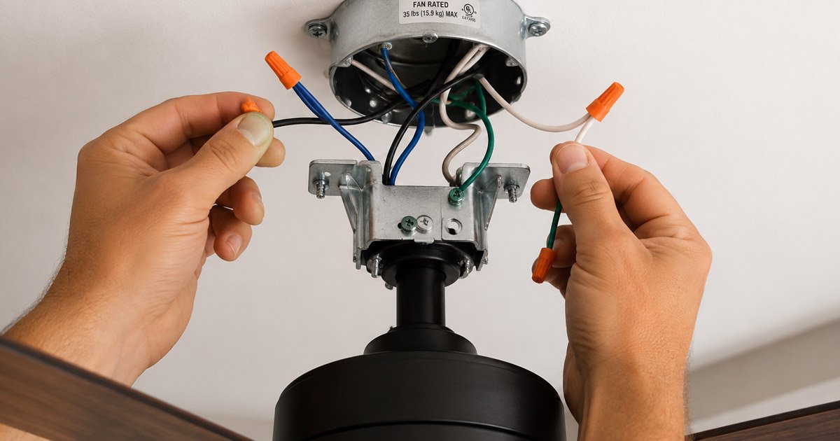 cómo instalar ventilador de techo con luz conexión de cables Hampton Bay