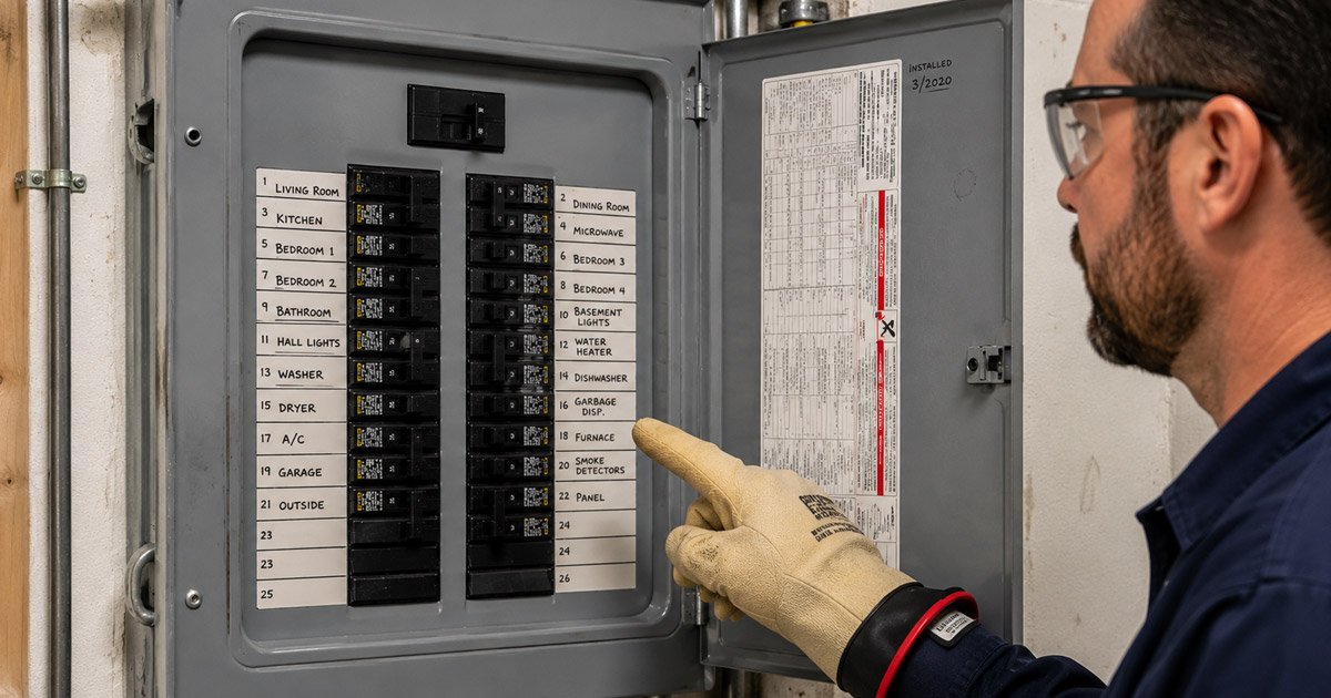 Panel eléctrico o breaker box en casa americana con breakers identificados