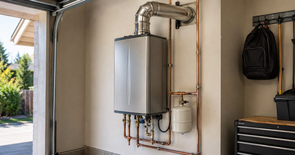 Calentador de agua sin tanque (tankless) instalado en la pared de un garage