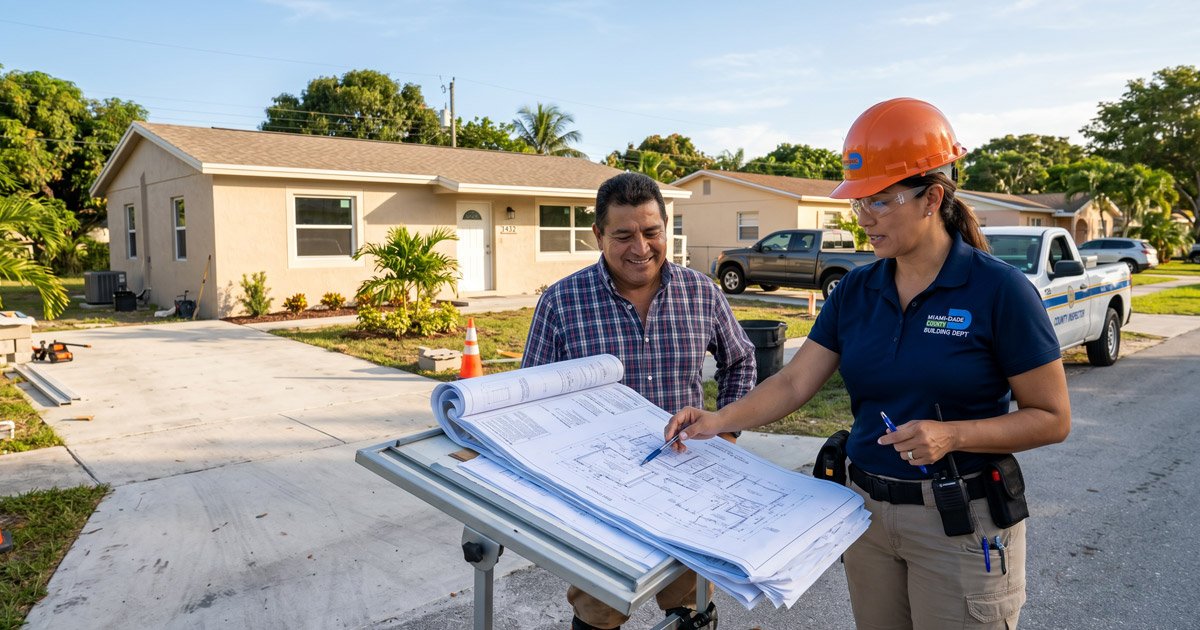 permisos de construcción en Florida — propietario revisando planos con inspector